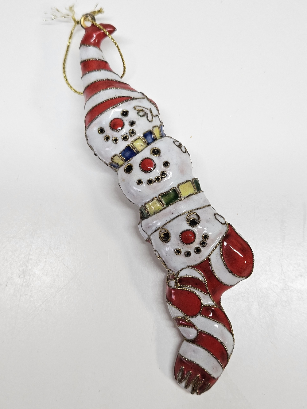 VINTAGE Cloisonne Enamel Snowman Christmas Stocking Holiday Ornament